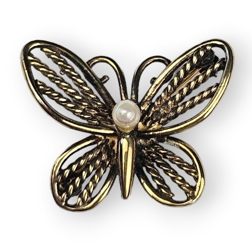 Napier Butterfly Brooch Gold Plated Sterling Faux Pearl Vintage 925 Silver 1"